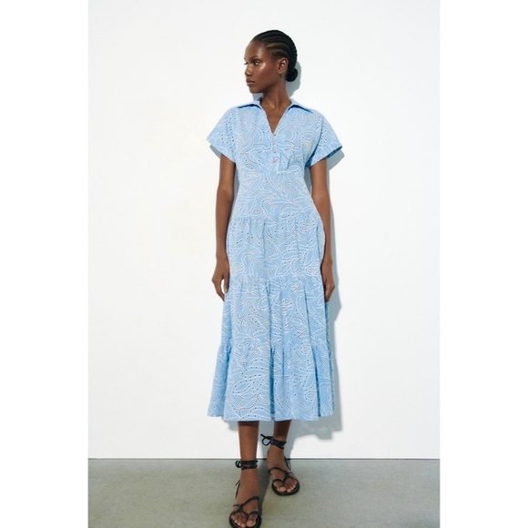 ZARA Embroidered Eyelet Lace Dress Light Blue White Tiered Midi Summer X-Small - Picture 1 of 16
